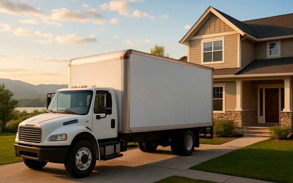 A white moving truck parked in front of a suburban home at sunrise.