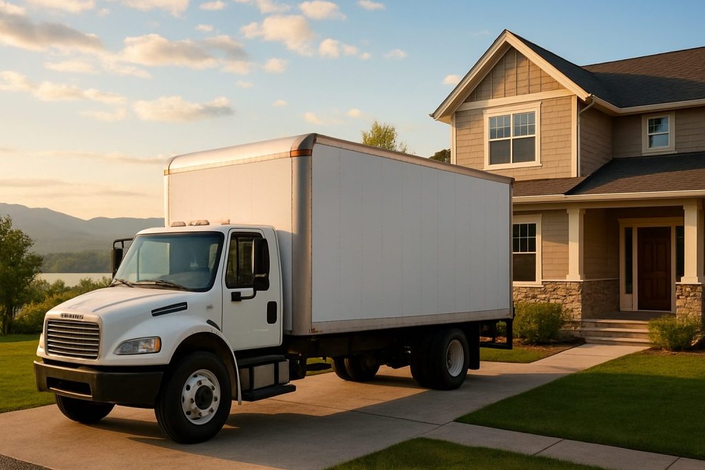 A white moving truck parked in front of a suburban home at sunrise.