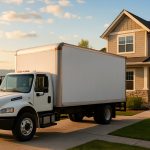 A white moving truck parked in front of a suburban home at sunrise.