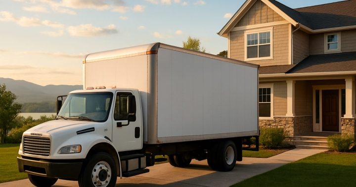 A white moving truck parked in front of a suburban home at sunrise.
