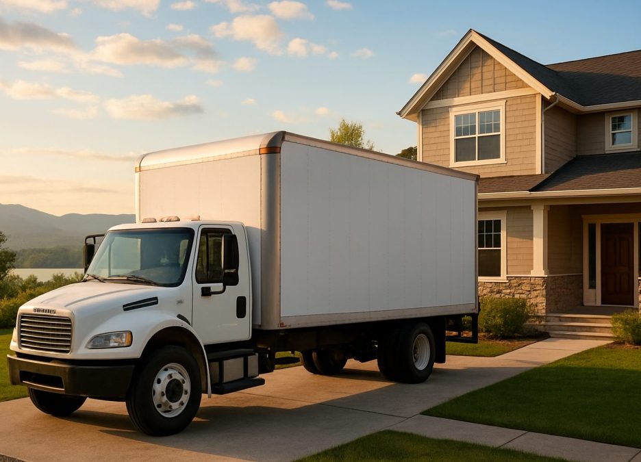A white moving truck parked in front of a suburban home at sunrise.
