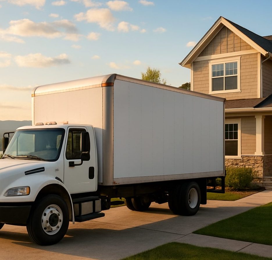A white moving truck parked in front of a suburban home at sunrise.