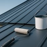 Metal roof with a paint roller and a can of paint, suggesting restoration work.