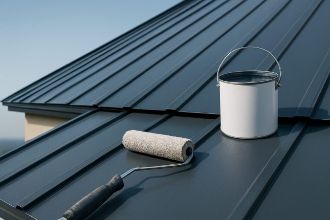 Metal roof with a paint roller and a can of paint, suggesting restoration work.