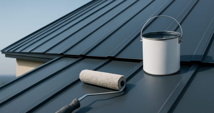 Metal roof with a paint roller and a can of paint, suggesting restoration work.
