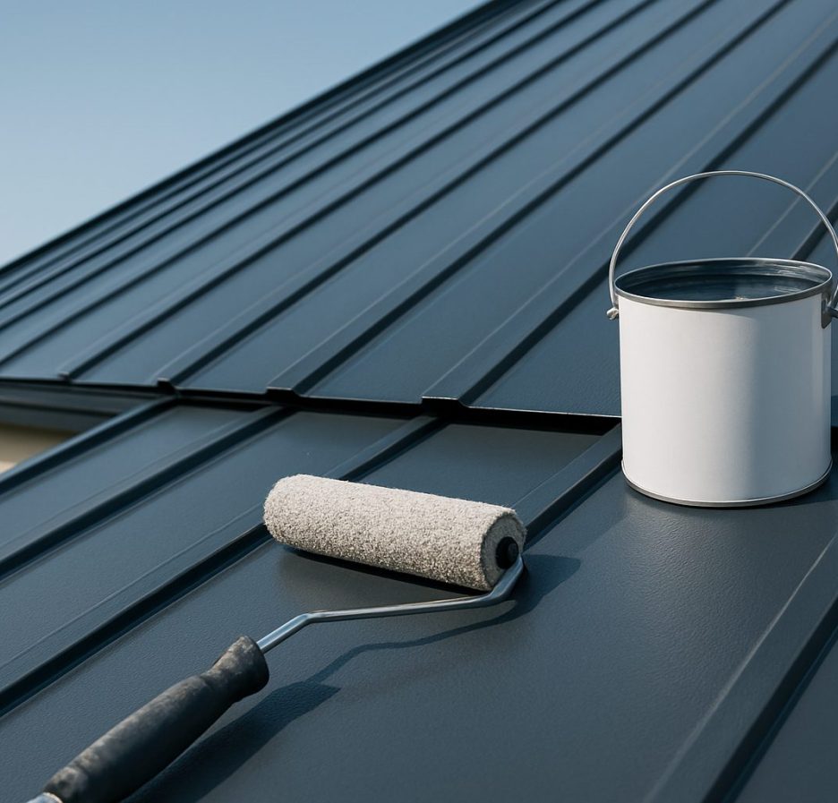 Metal roof with a paint roller and a can of paint, suggesting restoration work.