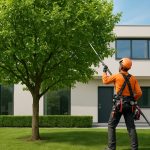A tree service professional trimming a leafy tree in a residential yard