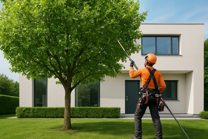 A tree service professional trimming a leafy tree in a residential yard