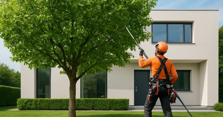 A tree service professional trimming a leafy tree in a residential yard
