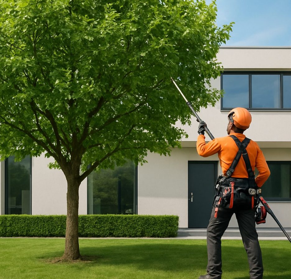 A tree service professional trimming a leafy tree in a residential yard