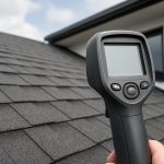 Thermal imaging device held above a textured asphalt shingle roof