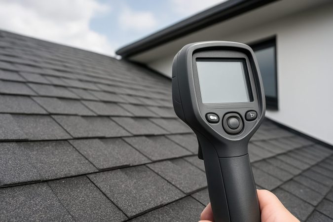 Thermal imaging device held above a textured asphalt shingle roof