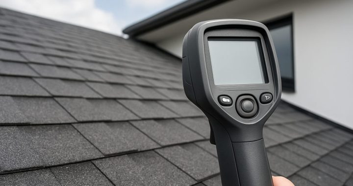 Thermal imaging device held above a textured asphalt shingle roof