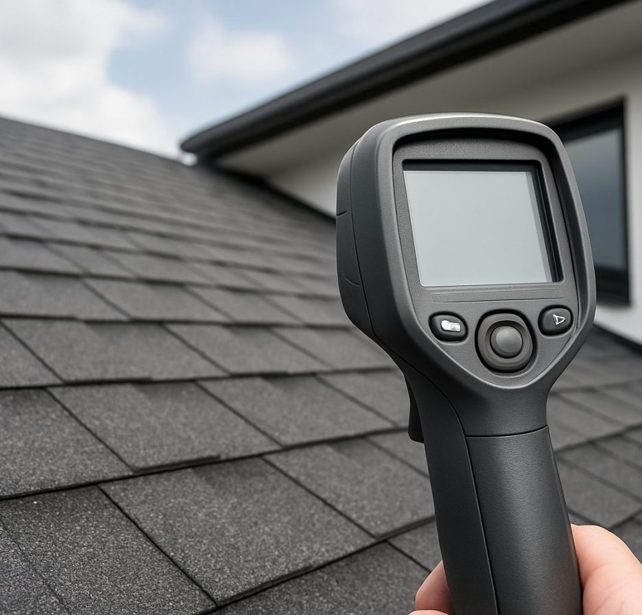 Thermal imaging device held above a textured asphalt shingle roof