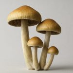 A close-up of several magic mushrooms with distinctive caps and stems against a neutral background.