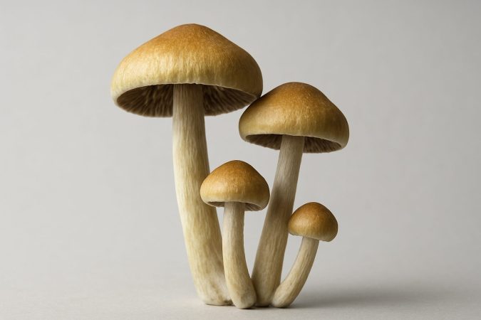 A close-up of several magic mushrooms with distinctive caps and stems against a neutral background.