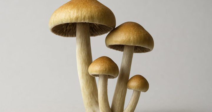 A close-up of several magic mushrooms with distinctive caps and stems against a neutral background.