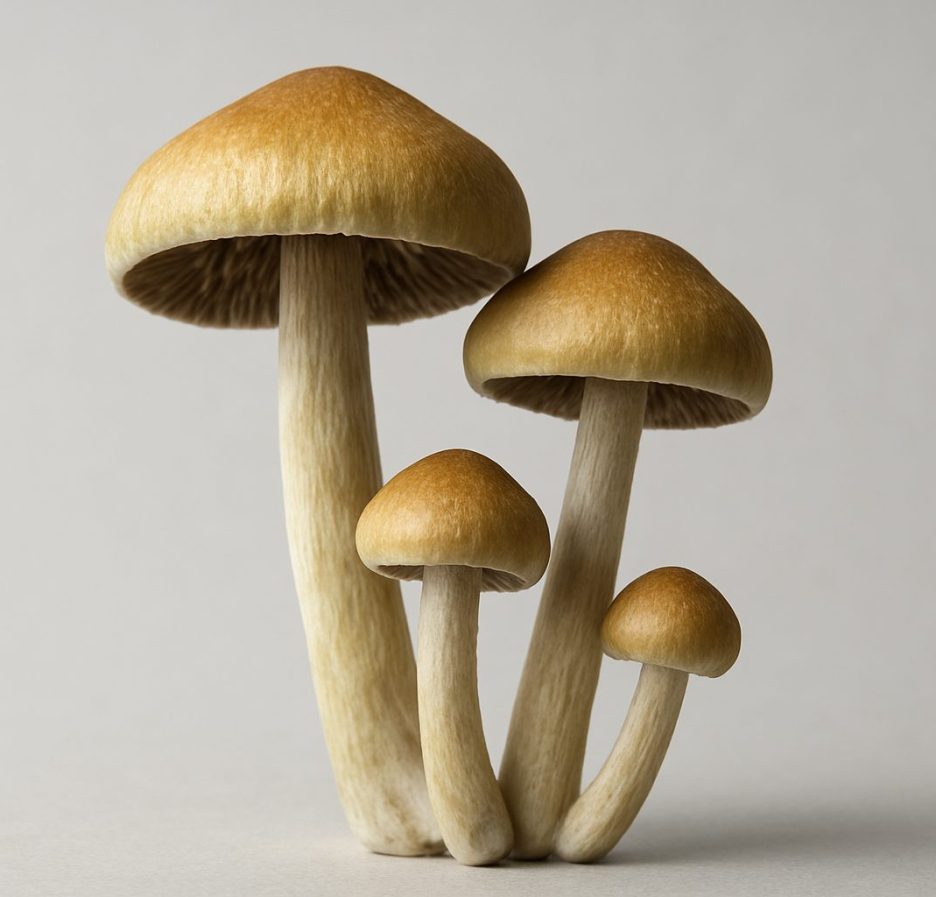 A close-up of several magic mushrooms with distinctive caps and stems against a neutral background.